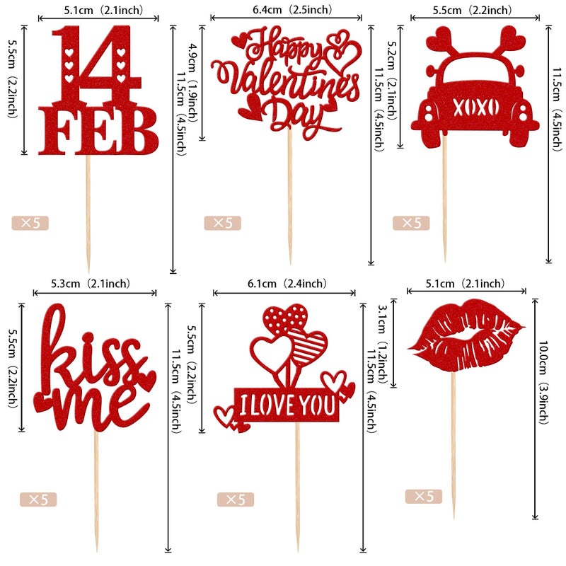 Rsstarxi 30 Pack Happy Valentine's Day Cupcake Toppers Glitter 14 Feb Kiss Me Love Heart Lips Cupcake Picks for Valentine's Day Theme Wedding Party Cake Decorations Supplies Red - Image 2