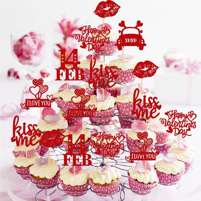 Rsstarxi 30 Pack Happy Valentine's Day Cupcake Toppers Glitter 14 Feb Kiss Me Love Heart Lips Cupcake Picks for Valentine's Day Theme Wedding Party Cake Decorations Supplies Red - Image 4