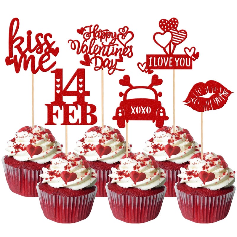 Rsstarxi 30 Pack Happy Valentine's Day Cupcake Toppers Glitter 14 Feb Kiss Me Love Heart Lips Cupcake Picks for Valentine's Day Theme Wedding Party Cake Decorations Supplies Red - Image 1