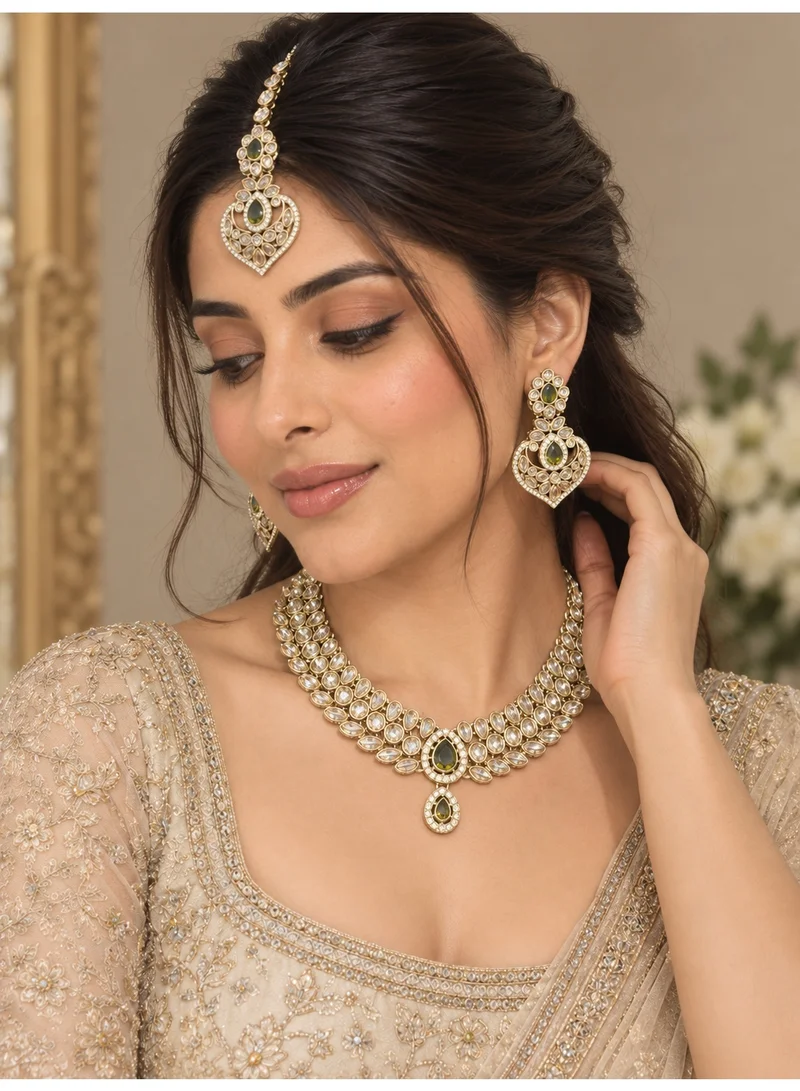 Lehar Olive Green Kundan Collar Necklace Set with Heart Earrings & Maang Tikka - Indian Bridal Jewelry