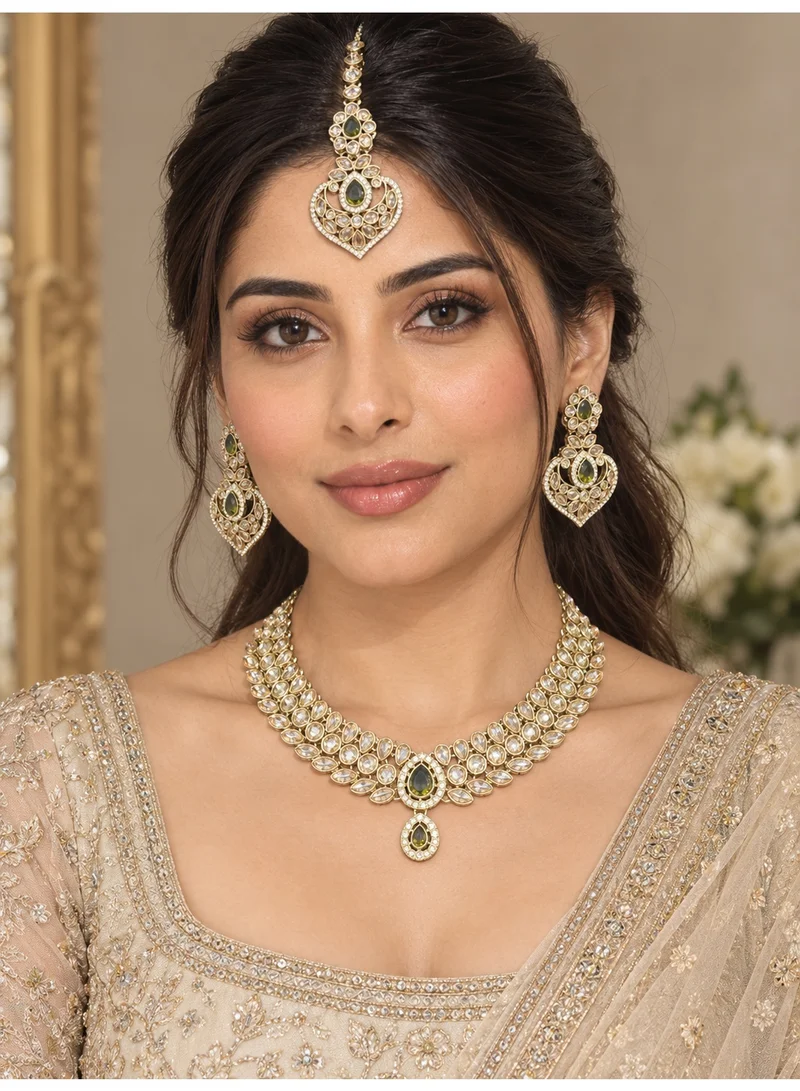 Lehar Olive Green Kundan Collar Necklace Set with Heart Earrings & Maang Tikka - Indian Bridal Jewelry