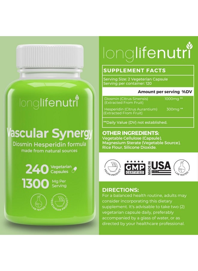 LongLifeNutri Diosmin Hesperidin Complex, Vascular Synergy 1000mg/300mg for Optimal Circulation & Vein Support: 240 Capsules, 120 Servings, 4-Month Supply, Made in USA - Image 2
