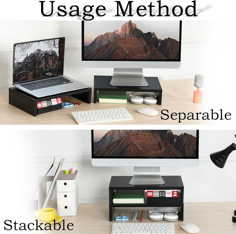 TEAMIX Wood Monitor Stand Riser-2 Pack, 2 Tier Adjustable Monitor Stand Dual Monitor Riser for 2 Monitors/Laptop/PC Black Computer Stand for Desk - Image 2