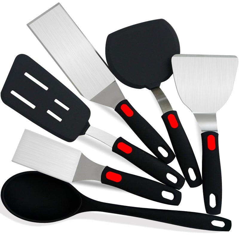 TOTDTDA Spatula Set 6-Piece - kitchen utensils set cooking Stainless Steel Turner Set, 600Â°F Heat Resistant, Metal Spatulas for Griddle/Cast Iron & Nonstick Safe Silicone Tools for Egg, Pancake, Burger - Image 1