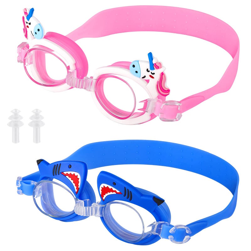 Foaincore 2 Pairs Kids Toddler Swim Goggles Anti Fog UV Swimming Goggles with Ear Plugs for Girls Boys Age 3-9 (Shark, Unicorn) - Image 1