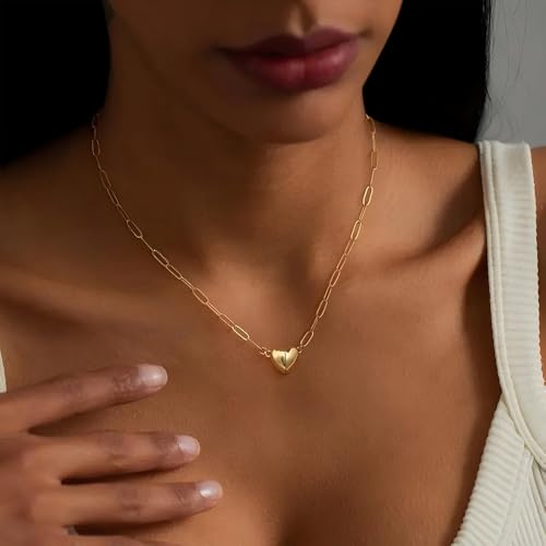 Tewiky Cute Heart Necklace 14K Gold Plated Heart Pendant Choker Small Gold Heart Necklaces for Women Paperclip Necklace Dainty Jewelry Gifts - Image 3