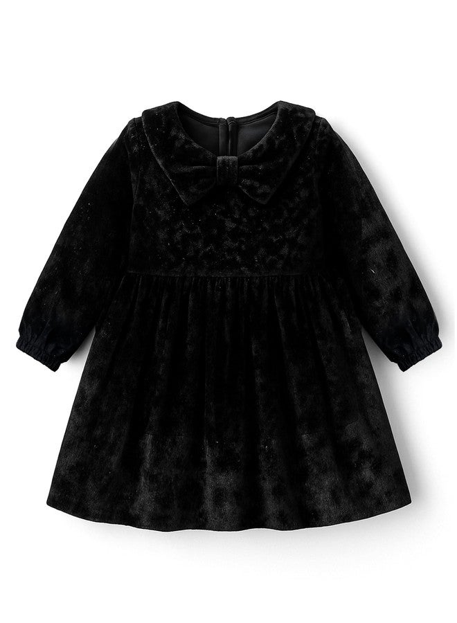 Mi Arcus Solid Velvet Black Peter Pan Collar Fullsleeves Frock Dress for Baby Girls 3-4 Years - Image 1
