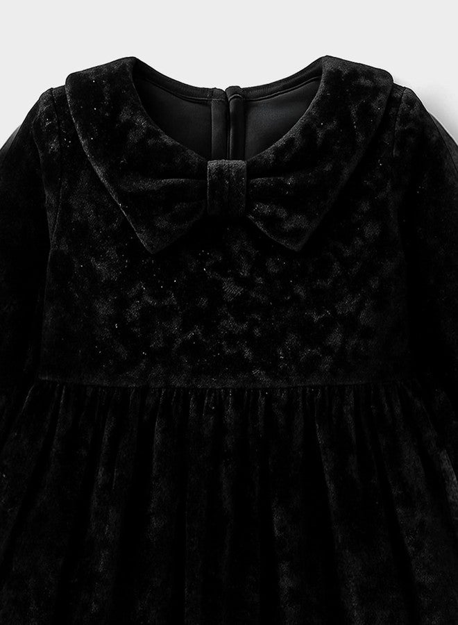 Mi Arcus Solid Velvet Black Peter Pan Collar Fullsleeves Frock Dress for Baby Girls 3-4 Years - Image 3