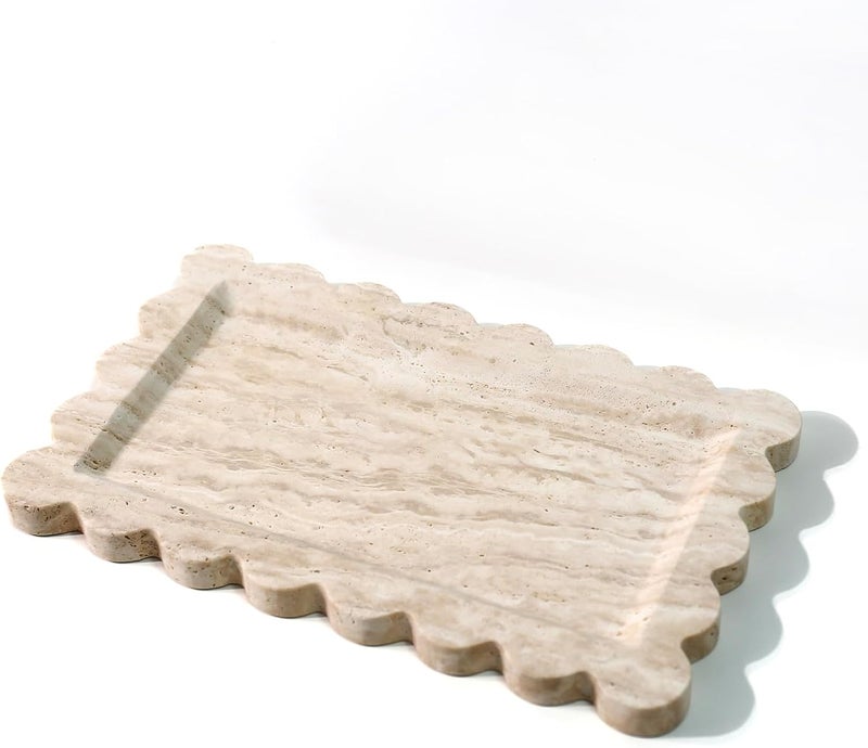 Future stone Natural 100% Marble Vanity Tray Luxury Scalloped Marble Storage Square Rectangle Tray for Home Decor Stone Tray for Bathroom/Kitchen/Candle Key (Rectangle-11.8 * 7.4-Beige Travertine) - Image 1