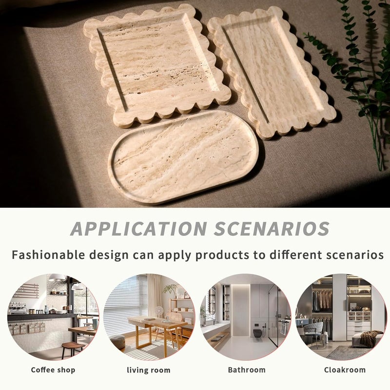 Future stone Natural 100% Marble Vanity Tray Luxury Scalloped Marble Storage Square Rectangle Tray for Home Decor Stone Tray for Bathroom/Kitchen/Candle Key (Rectangle-11.8 * 7.4-Beige Travertine) - Image 4