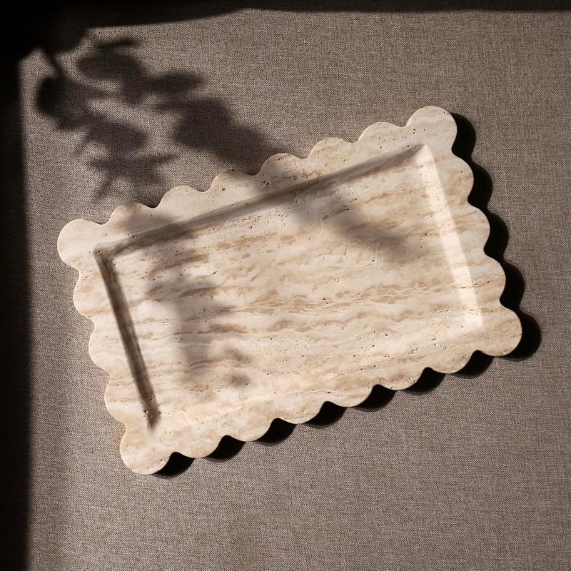 Future stone Natural 100% Marble Vanity Tray Luxury Scalloped Marble Storage Square Rectangle Tray for Home Decor Stone Tray for Bathroom/Kitchen/Candle Key (Rectangle-11.8 * 7.4-Beige Travertine) - Image 5