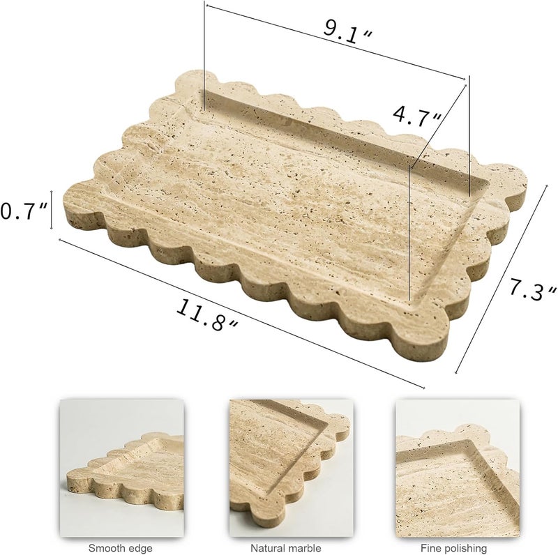 Future stone Natural 100% Marble Vanity Tray Luxury Scalloped Marble Storage Square Rectangle Tray for Home Decor Stone Tray for Bathroom/Kitchen/Candle Key (Rectangle-11.8 * 7.4-Beige Travertine) - Image 2