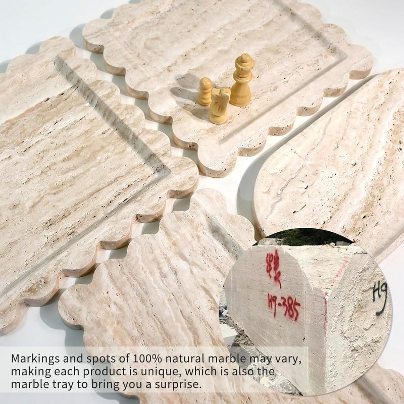 Future stone Natural 100% Marble Vanity Tray Luxury Scalloped Marble Storage Square Rectangle Tray for Home Decor Stone Tray for Bathroom/Kitchen/Candle Key (Rectangle-11.8 * 7.4-Beige Travertine) - Image 3