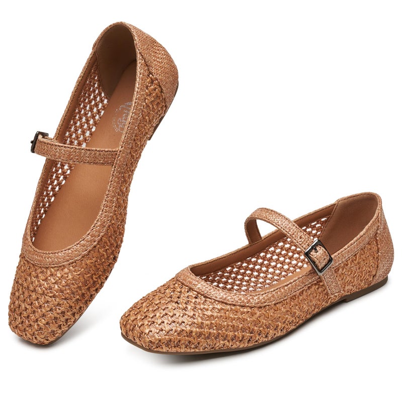 Trary Mary Jane Shoes Women Woven Flats for Women Ballet Flats Shoes Squared Toe Mary Jane Flats Ankle Strap Dressy Comfortable Brown Size 10 - Image 1