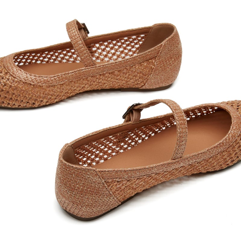 Trary Mary Jane Shoes Women Woven Flats for Women Ballet Flats Shoes Squared Toe Mary Jane Flats Ankle Strap Dressy Comfortable Brown Size 10 - Image 5