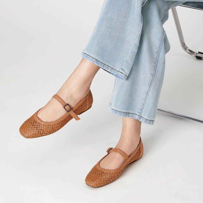 Trary Mary Jane Shoes Women Woven Flats for Women Ballet Flats Shoes Squared Toe Mary Jane Flats Ankle Strap Dressy Comfortable Brown Size 10 - Image 2