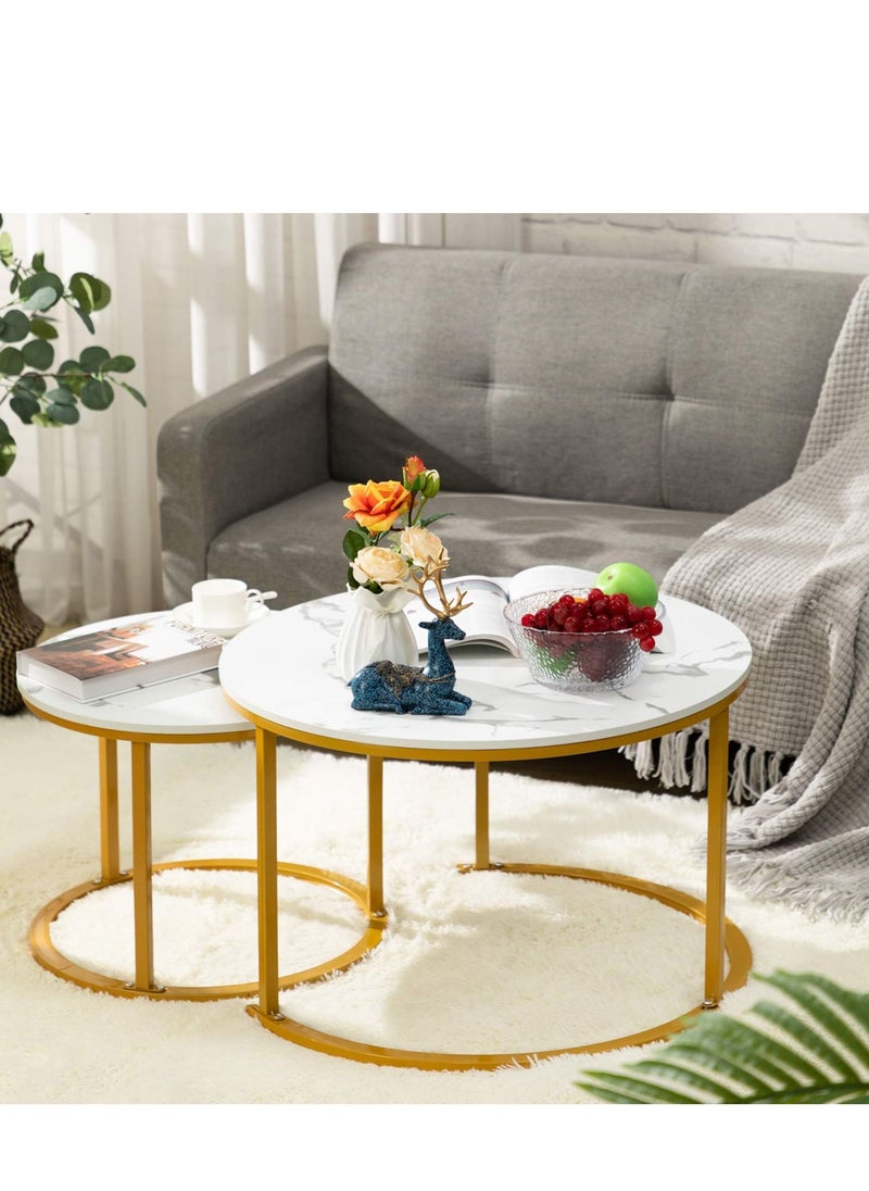 XiuWoo - Set of 2 Modern Round Nesting Side Table Wood Coffee and Snack End Table with Metal Frame Accent Tea Table for Living Room Reception Room and Office Room - Image 1
