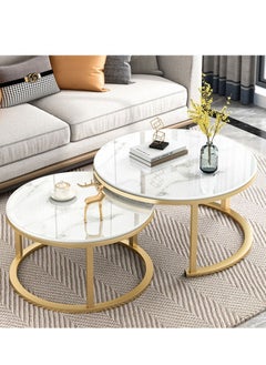 Set of 2 Modern Round Nesting Side Table Wood Coffee and Snack End Table with Metal Frame Accent Tea Table for Living Room Reception Room and Office Room