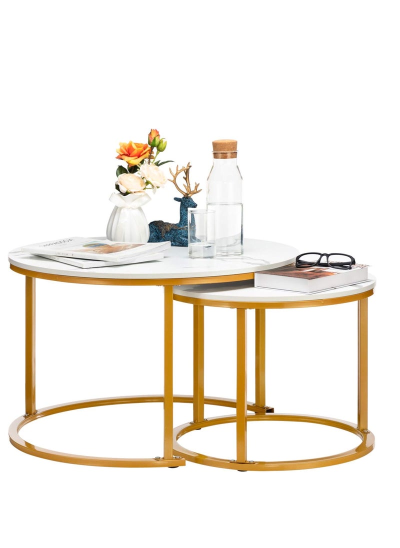 XiuWoo - Set of 2 Modern Round Nesting Side Table Wood Coffee and Snack End Table with Metal Frame Accent Tea Table for Living Room Reception Room and Office Room - Image 1