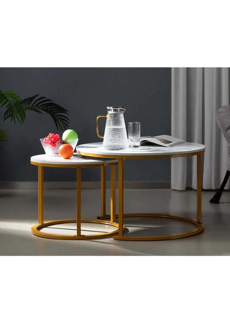 XiuWoo - Set of 2 Modern Round Nesting Side Table Wood Coffee and Snack End Table with Metal Frame Accent Tea Table for Living Room Reception Room and Office Room - Image 1