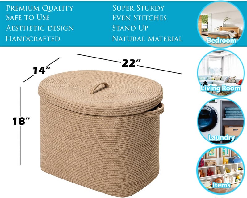 Cottonphant 22â€x14â€x18â€ Rectangular Extra Large Storage Basket with Lid, Cotton Rope Storage Baskets, Laundry Hamper, Cloth Bin, for Clothes Blankets Storage in Living Room, Grey Basket with Lid - Image 2