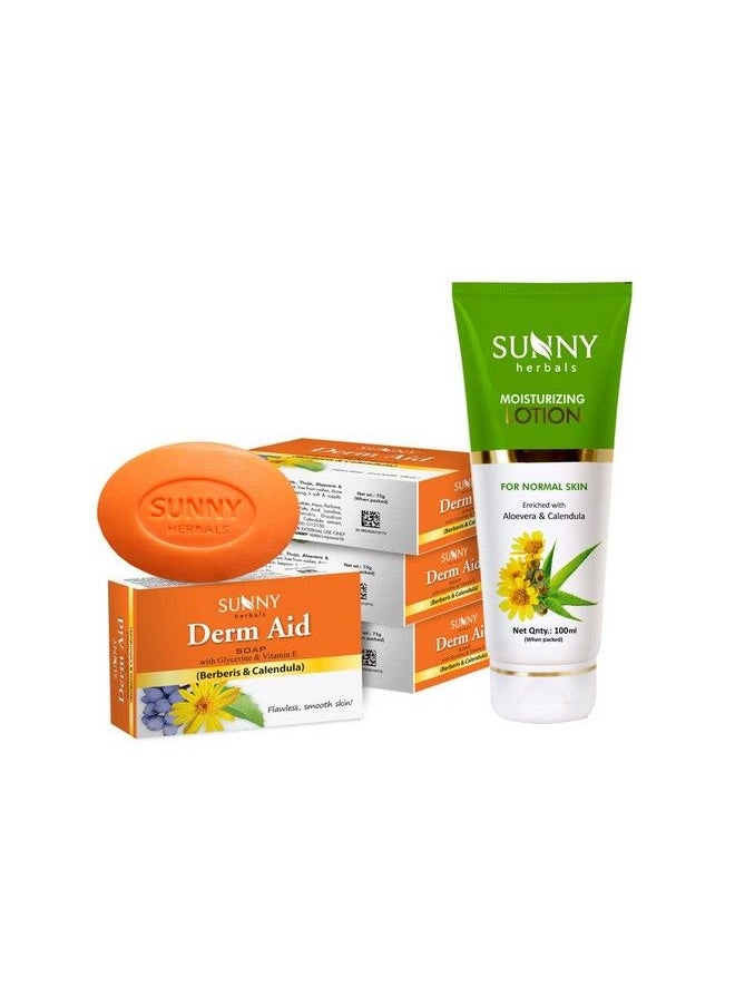Sunny Aloevera & Calendula Lotion(100Ml) & Derm Aid Soap(4 * 75Gm) ; Makes Skin Velvety And Radiant Soft ; Fight Against Pigmentation ; For Rashes And Infection Free Skin ; Counter Dry & Chapped Skin  - Image 1