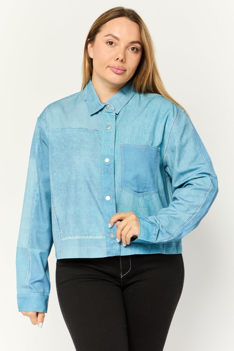 ESPRIT قميص مغسول بأكمام طويلة وياقة منتشرة للنساء، أزرق - Image 1