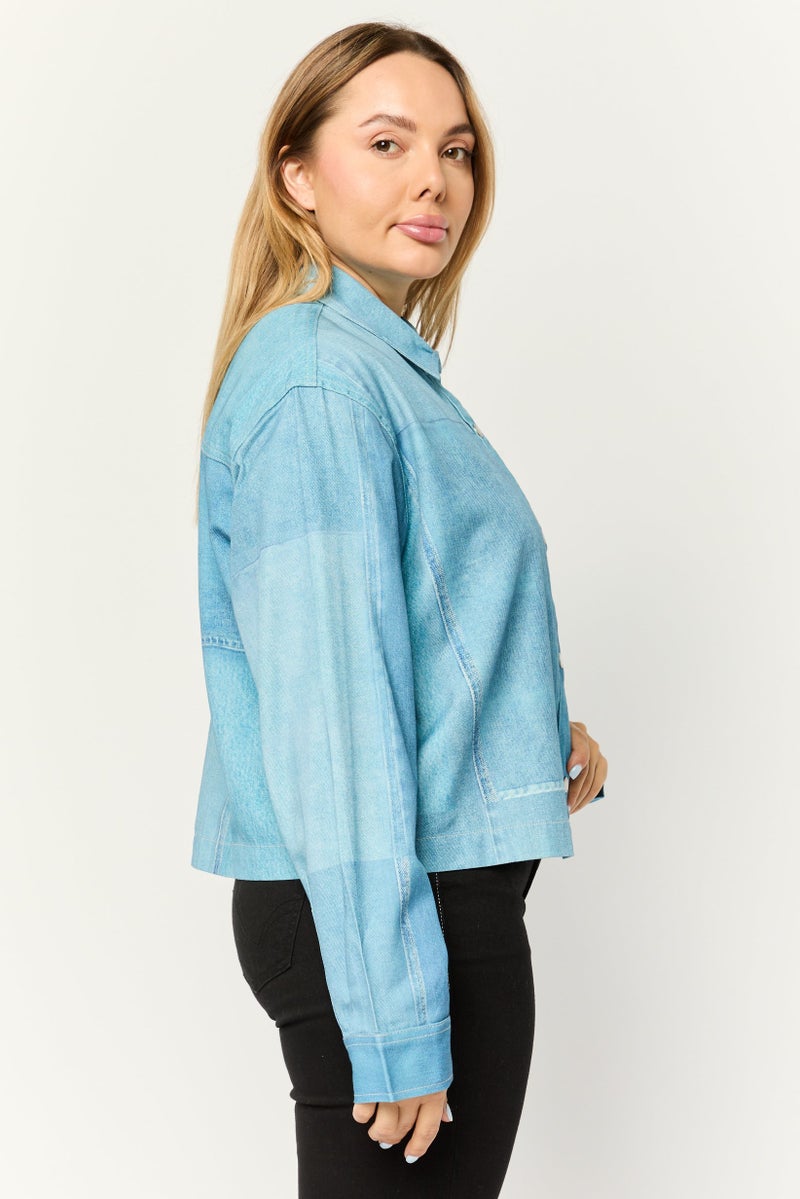 ESPRIT قميص مغسول بأكمام طويلة وياقة منتشرة للنساء، أزرق - Image 4