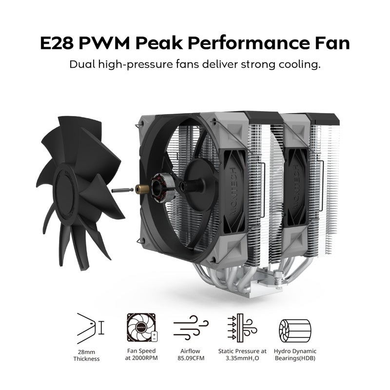 MONTECH NX600 Dual-Tower CPU Air Cooler with 6 Heatpipes & Premium Top Cover | 28mm E28 PWM Premium Fan | Soldered Copper Base | Superior Heat Dissipation | All Intel & AMD Socket Support | Black - Image 2