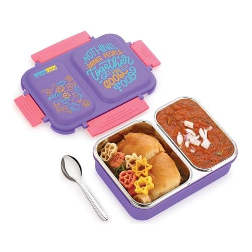 STEELLOCK SmartMeal 2 Partition Stainless Steel Insulated Tiffin for Kids & Adults with Spoon | Leak-Proof Lunch Box with Silicone Gasket Lid | Bento Box for School, Boys, Girls & Office 650 ML - Purple. - Image 1