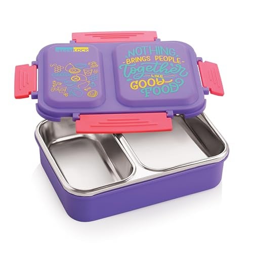 STEELLOCK SmartMeal 2 Partition Stainless Steel Insulated Tiffin for Kids & Adults with Spoon | Leak-Proof Lunch Box with Silicone Gasket Lid | Bento Box for School, Boys, Girls & Office 650 ML - Purple. - Image 2