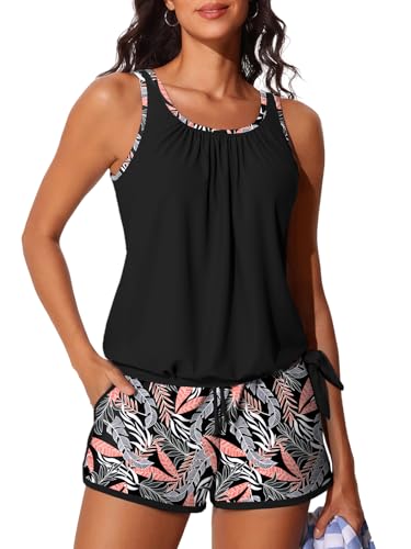 Summer Mae Blouson Women’s Tankini Swimsuits with Shorts Tummy Control Bathing Suits Side Pockets Pink-Blue Jungle 2X-Large 2026 - Image 1