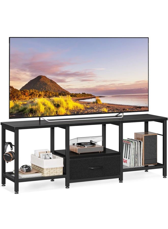 Casaottima TV Stand with Open Storage Shelves, Entertainment Center with Fabric Drawers for 55 Inch TVs, TV Console Table with Soundbar Shelf TV Stand for Living Room Bedroom, Pure Black - Image 1