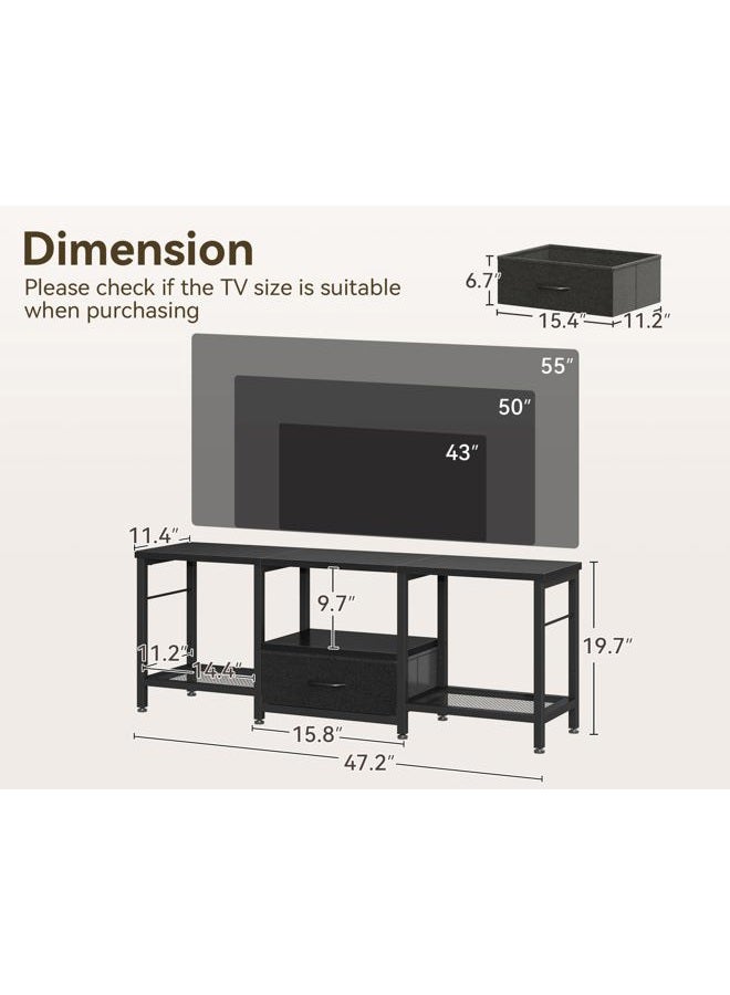Casaottima TV Stand with Open Storage Shelves, Entertainment Center with Fabric Drawers for 55 Inch TVs, TV Console Table with Soundbar Shelf TV Stand for Living Room Bedroom, Pure Black - Image 3
