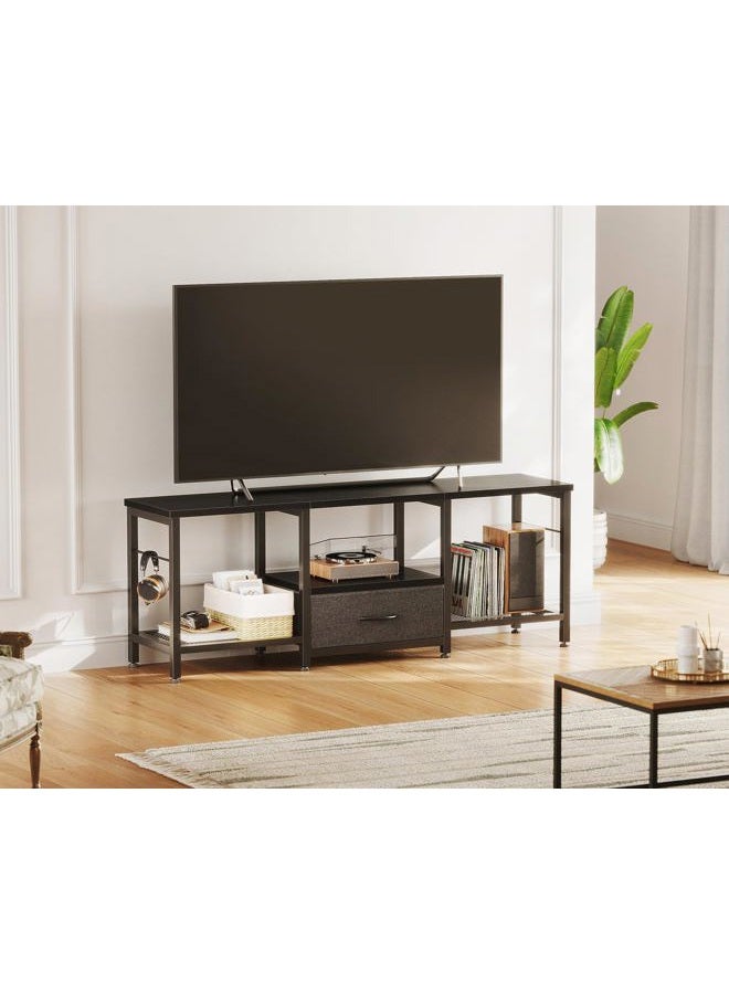 Casaottima TV Stand with Open Storage Shelves, Entertainment Center with Fabric Drawers for 55 Inch TVs, TV Console Table with Soundbar Shelf TV Stand for Living Room Bedroom, Pure Black - Image 2