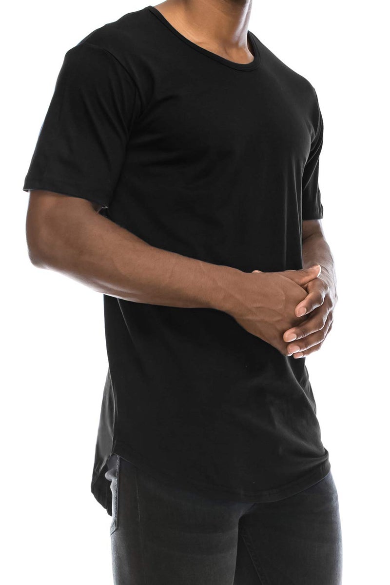 JC DISTRO Black Drop Cut Curved Hem Scallop Extra Long Longline T-Shirt L - Image 1
