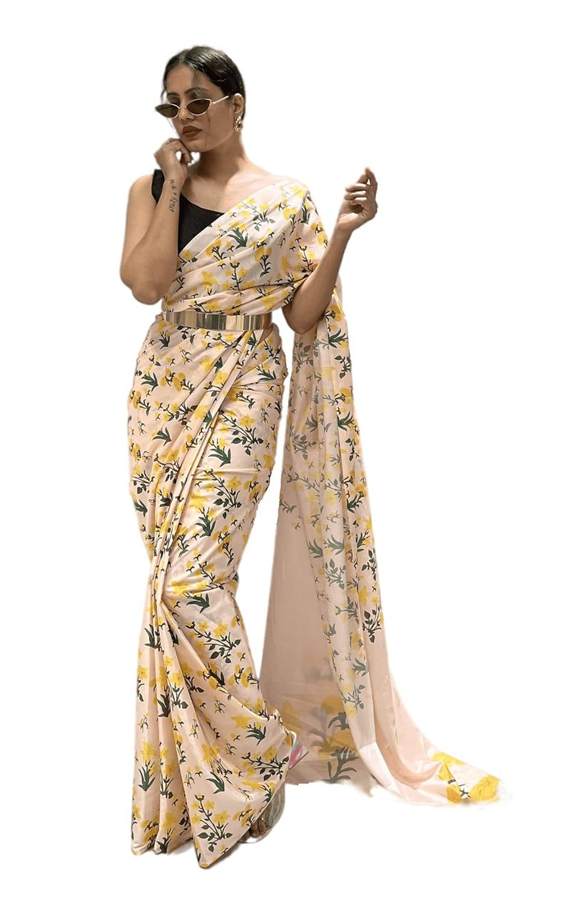 Sidhidata Women's Chiffon Georgette Printed Ready To Wear 1 Minute Saree with Unstitched Blouse Piece - Image 1