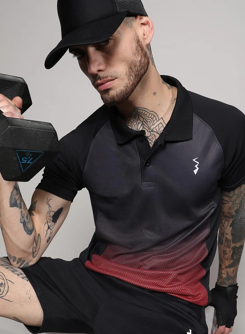 Campus Sutra Men's Jet Black & Crimson Red Ombre Polo Activewear T-Shirt For Casual Wear | Spread Collar | Short Sleeve | Anti-Odor | Dri-Fit | Jersey T-Shirt Crafted With Comfort Fit & High-Performance