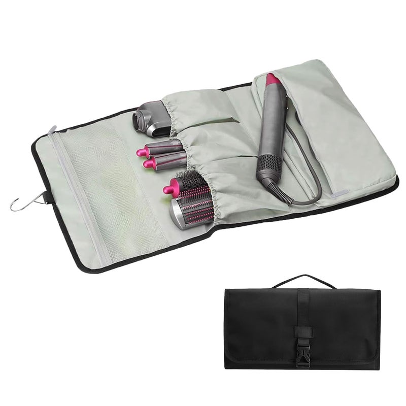 Biunnru Large Capacity Hair Tools Travel Organizer for Curling Iron Hair Dryer Flat Iron Foldable Pouch with Interior Pockets Hook Portable Styling Accessories Storage Case Black - Image 2