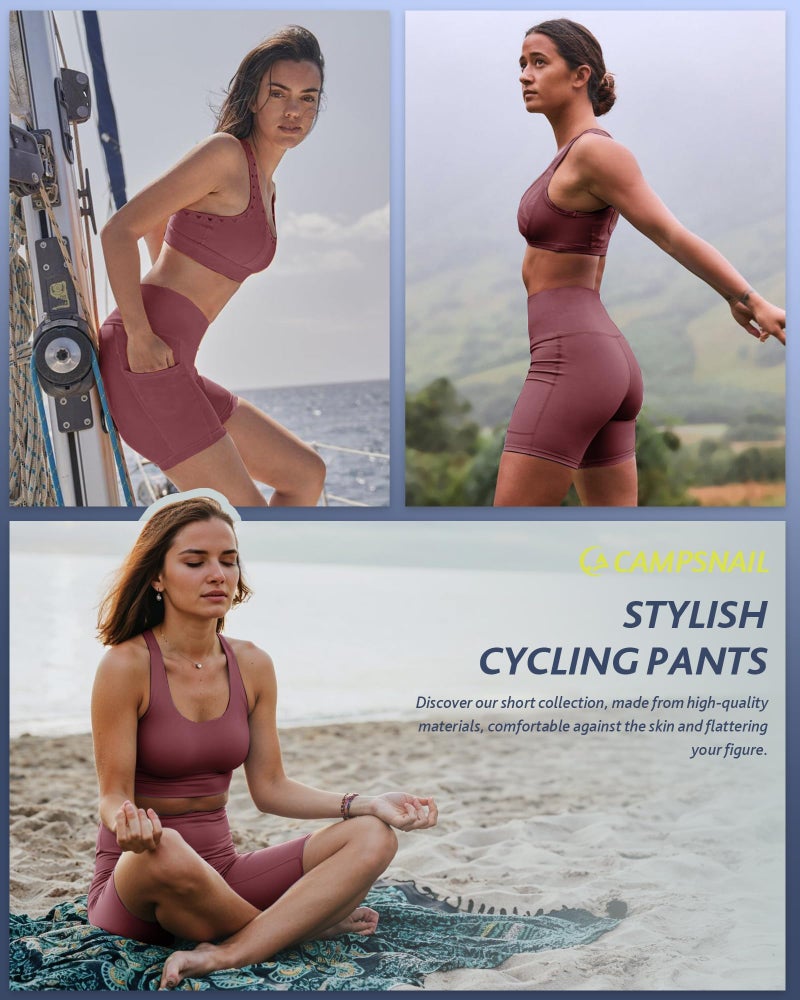 CAMPSNAIL Biker Shorts Women with Pockets - 3"/5"/8" High Waisted Workout Spandex Tummy Control Gym Running Yoga Shorts Dark Pink - Image 2
