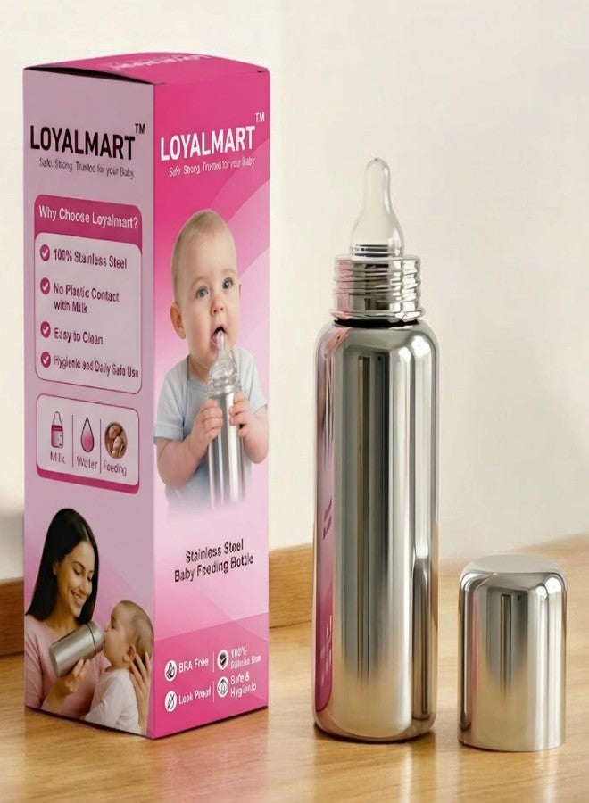 Loyalmart Stainless Steel Baby Feeding Bottle 250 ml | BPA Free & Plastic Free | Anti-Colic Silicone Medium Flow Nipple | Leak Resistant Infant Milk Bottle for Newborn & Babies - Image 1