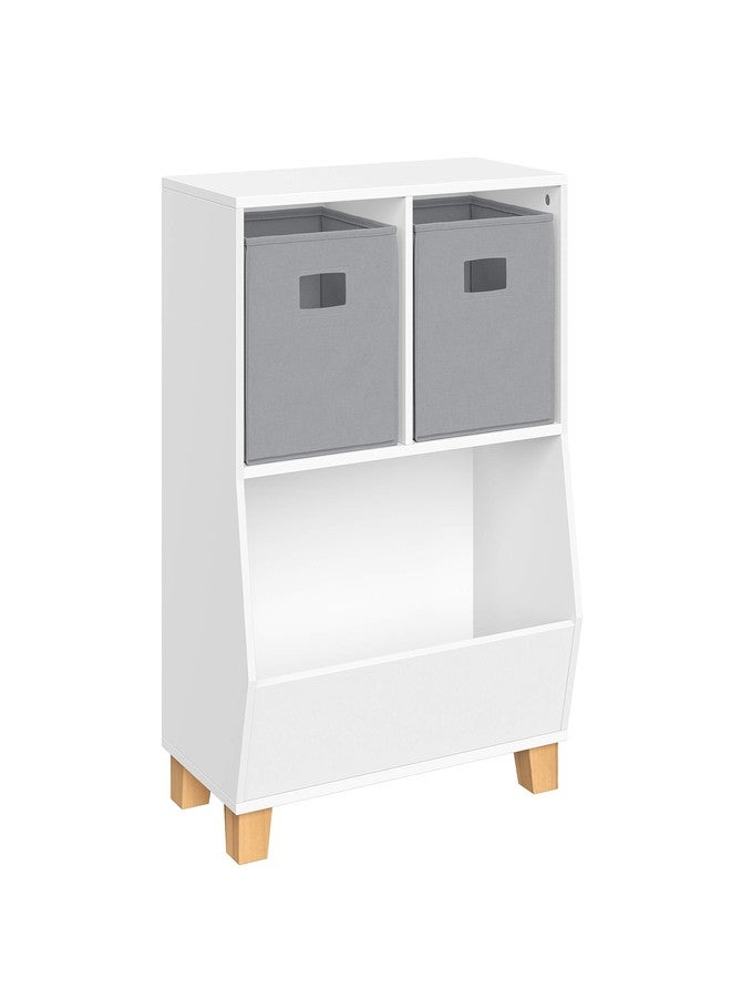 RiverRidge Kids Bookshelf Toy Storage Organizer with 2 Cubbies, 2 Folding Gray Fabric Bins & Spacious Bin White Playroom Toy Organizer and Cubby Storage - Image 1