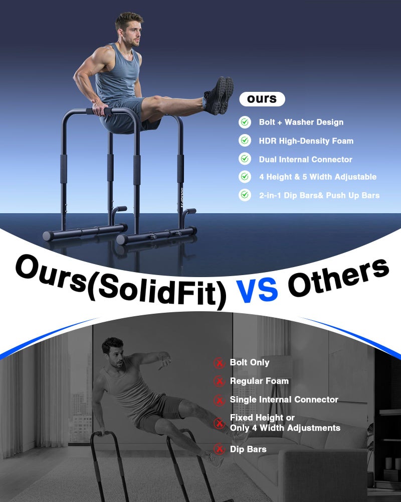 SolidFit 2-in-1 Dip Bar Station - Dip Bars & Push Up Bars Calisthenics Equipment with 420LB Bolt Washer Stable Design Dual Inner Connectors Portable Adjustable for Home Gym Strength Training Black - Image 5