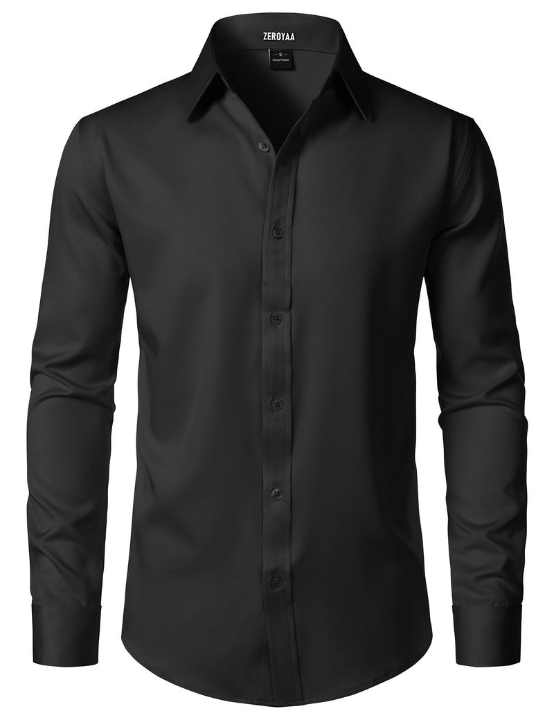 ZEROYAA Men's Wrinkle Free Long Sleeve Dress Shirt Business Casual Stretch Modern Slim Fit Button Down Shirts for Wedding and Office Black Medium - Image 1