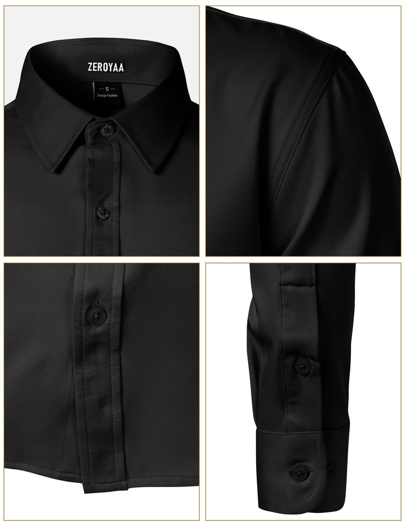 ZEROYAA Men's Wrinkle Free Long Sleeve Dress Shirt Business Casual Stretch Modern Slim Fit Button Down Shirts for Wedding and Office Black Medium - Image 5