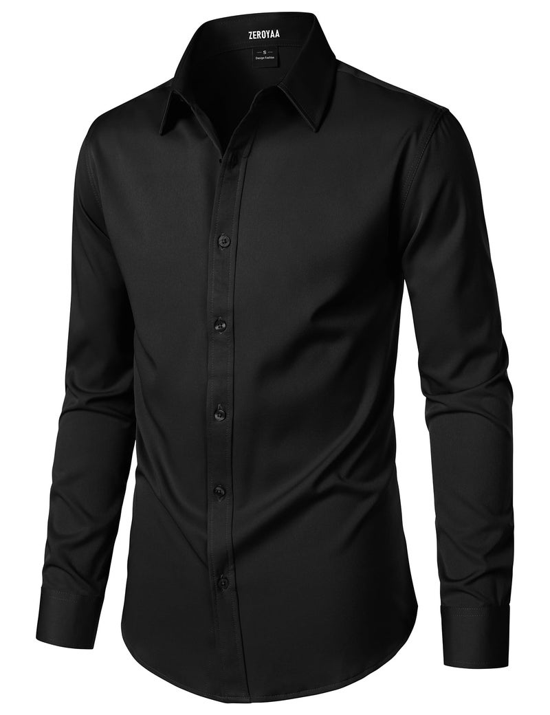 ZEROYAA Men's Wrinkle Free Long Sleeve Dress Shirt Business Casual Stretch Modern Slim Fit Button Down Shirts for Wedding and Office Black Medium - Image 2