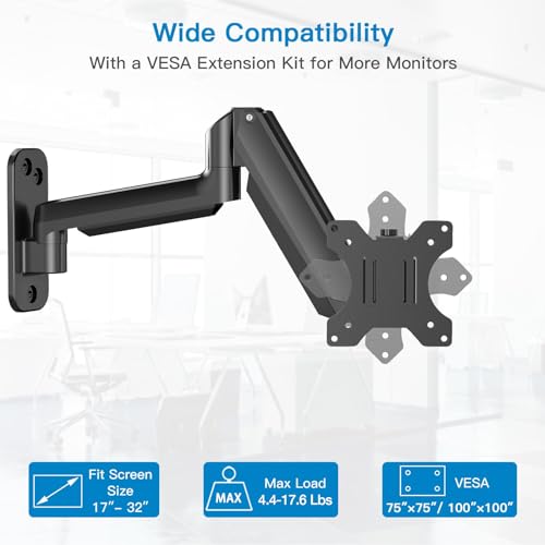 HUANUO Single Monitor Wall Mount for 13 to 32 Inch Computer Screen, Monitor Wall Mount Arm Holds up to 17.6lbs, Height Adjustable Full Motion Wall Monitor Mount-VESA Mount 75x75,100x100 - Image 3