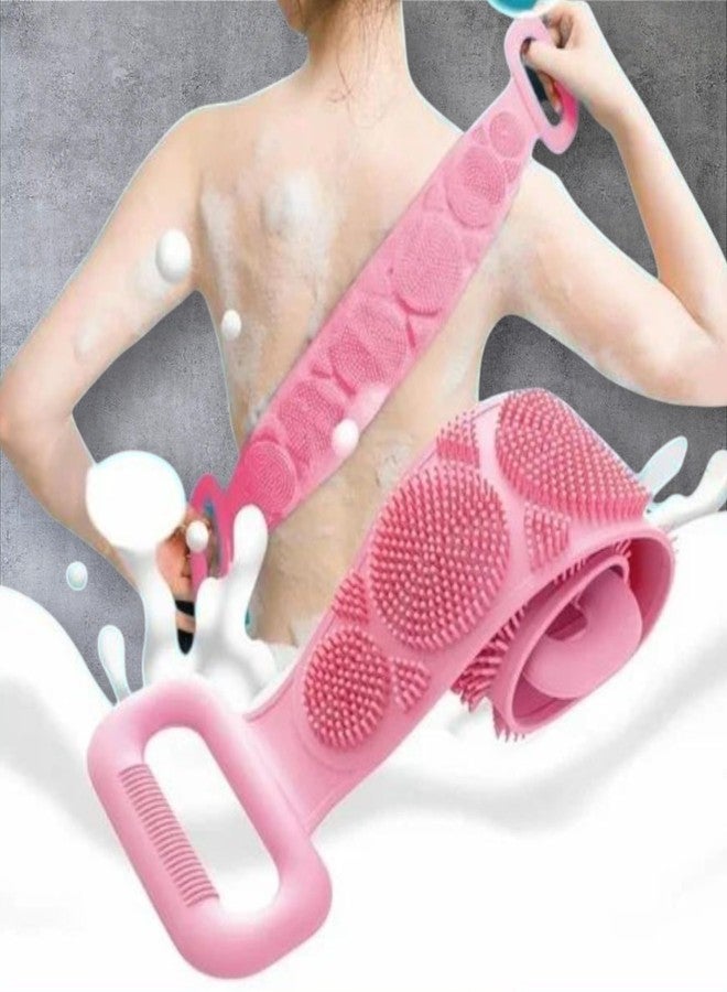 ALWIN Silicone Back Scrubber with Long Handle, Pink Body Brush for Shower, Exfoliating Massage Tool with Textured Nodules, Ergonomic Design - Image 2