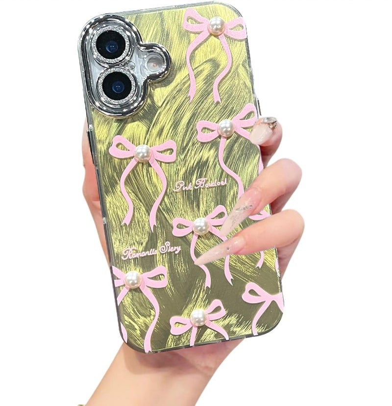 VONZEE Compatible with iPhone 17 6.3'' Case Luxury Pink Girly Cute 3D Bow Pearl Glitter Bling Case with Full Camera Protection Shockproof PC+TPU Glossy Shiny Cover for Girls Women, Green - Image 1