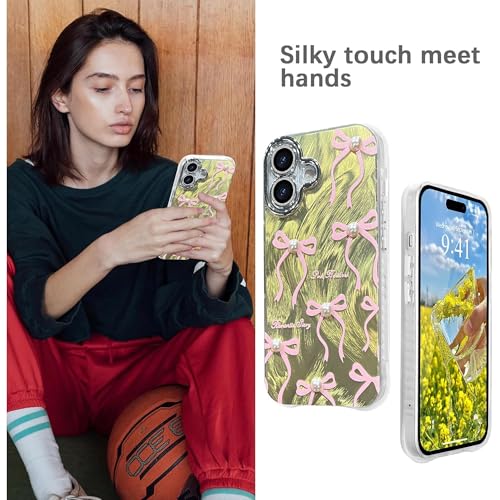 VONZEE Compatible with iPhone 17 6.3'' Case Luxury Pink Girly Cute 3D Bow Pearl Glitter Bling Case with Full Camera Protection Shockproof PC+TPU Glossy Shiny Cover for Girls Women, Green - Image 4